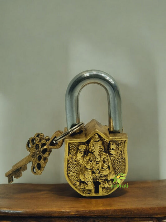 Brass Ganesha Engraved Padlock | Divine Protection for Your Home | Brass Padlock For Home Safety ( Yellow, 3.5 inch)