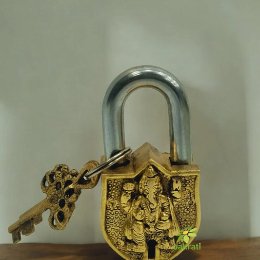 Brass Ganesha Engraved Padlock | Divine Protection for Your Home | Brass Padlock For Home Safety ( Yellow, 3.5 inch) Aakrati