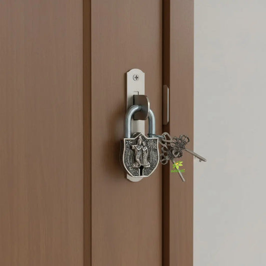 Brass Radha krishna Engraved Padlock | Divine Protection for Your Home | Brass Padlock For Home Safety ( Yellow, 3.5 inch) Aakrati