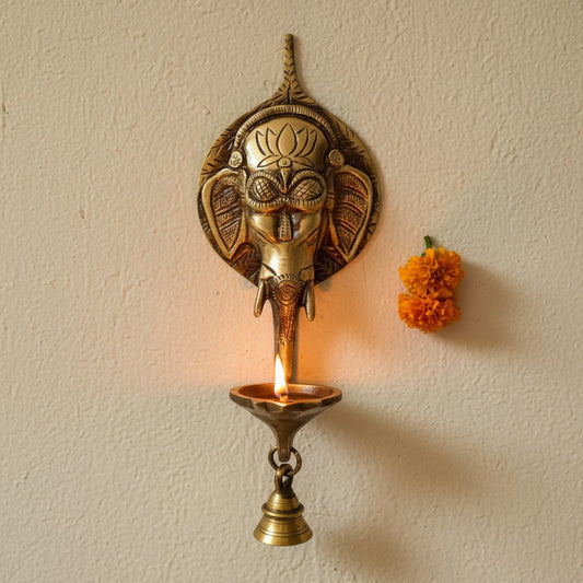 Handcrafted Brass Ganesha Oil Lamp | Spiritual Glow for Your Home | Brass Religious Wall Hanging Diya ( Yellow, 10 inch) Aakrati