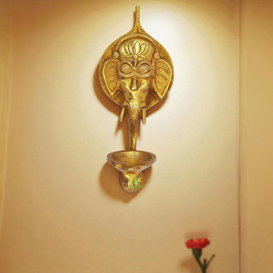 Handcrafted Brass Ganesha Wall Hanging Oil Lamp | Traditional Spiritual Decor for Home Temple | Brass Oil Lamp ( Yellow, 10 inch)