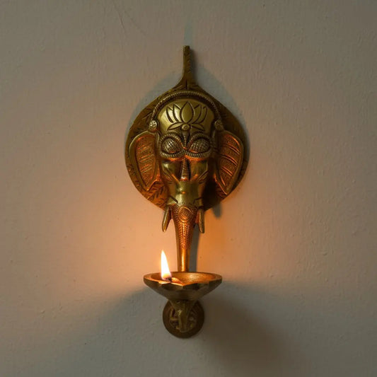 Handcrafted Brass Ganesha Wall Hanging Oil Lamp | Traditional Spiritual Decor for Home Temple | Brass Oil Lamp ( Yellow, 10 inch) Aakrati