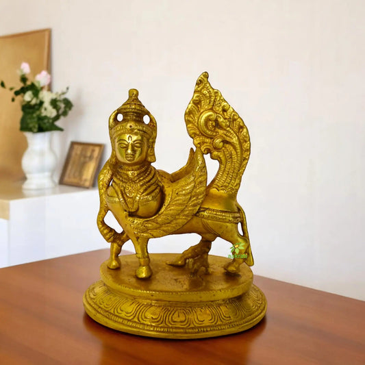 Brass Kamdhenu Cow Murti | Divine Symbol of Wealth and Harmony | Handmade Brass Religious Kamdhenu Statue ( Yellow, 7 inch) Aakrati