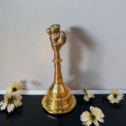 Handcrafted Brass Ghanti | Bring Divine Blessings to Your Pooja | Traditional Brass Hand Bell for Pooja ( Yellow, 4 inch) Aakrati