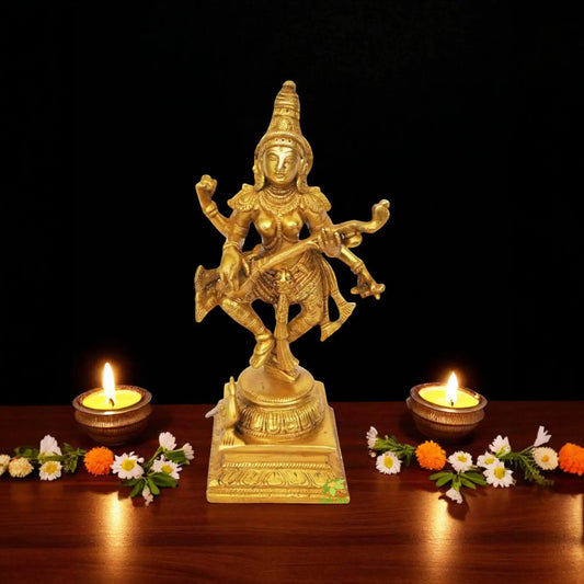 Handmade Brass Saraswati Statue | Elegant Idol for Spiritual Home Decor | Brass Saraswati Idol ( Yellow, 10 inch) Aakrati