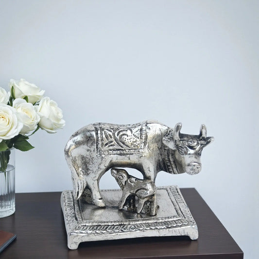Cow and calf silver finish statue Aakrati