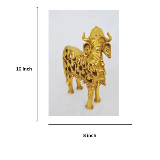 Handcrafted Brass Cow Statue | Traditional Showpiece for Spiritual and Home Temple Decor | Brass Cow Figurine ( Yellow, 10 inch) Aakrati