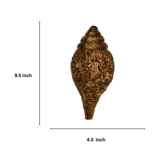Handcrafted Brass Conch Showpiece with Durga ji Engraving Design | Ideal for Religious and Home Decor ( Yellow, 9.5 inch)