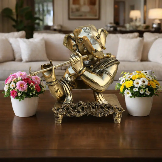 Ganesh Modern style with Flute made in brass metal antique finish statue, Murti Sculpture, Figure of Indian god Aakrati