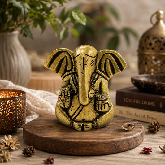 Aakrati Brass Handcrafted Mini Ganesh Statue for Car Dashboard | God Ganesh Murti | Ganpati Idol (Yellow)