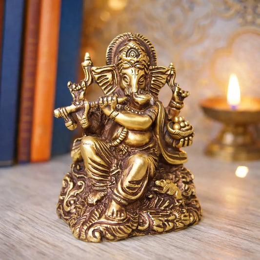 Aakrati Brown Finish Small Ganesha with flute for Showpiece and gift