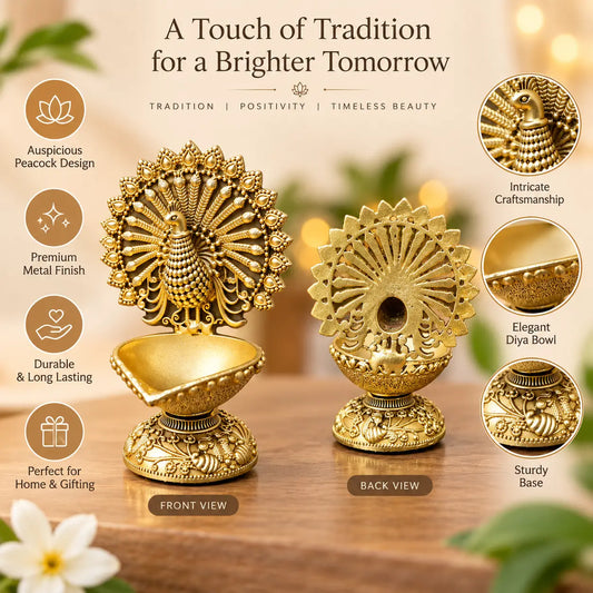 Brass Peacock Diya Oil Lamp for Pooja & Home Decor |Festival Gift Item|Premium Brass Peacock Diya for Puja (Yellow, 3 Inches)