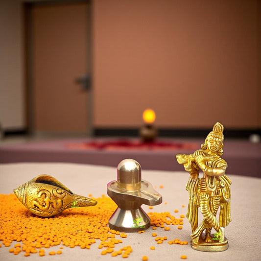 Brass Shankh, Shivling & Krishna Idol Gift Combo | Hindu Puja Set for Home Temple | Spiritual Showpiece | Gift Hamper Aakrati