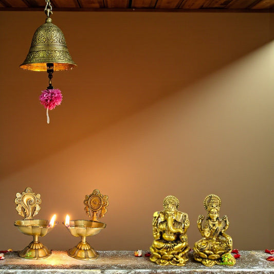 Brass Laxmi Ganesh Idol with Diya Gift Combo | Puja Set for Home Temple, Diwali & Housewarming | Gift Hamper Aakrati