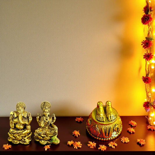 Brass Laxmi Ganesh with Balaji Charan | Hindu Puja Idol Set for Home Temple & Office | Spiritual Decor & Gift Item | Handmade Brass Murti for Diwali & Housewarming Aakrati