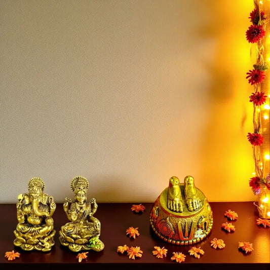 Brass Laxmi Ganesh with Balaji Charan | Hindu Puja Idol Set for Home Temple & Office | Spiritual Decor & Gift Item | Handmade Brass Murti for Diwali & Housewarming Aakrati