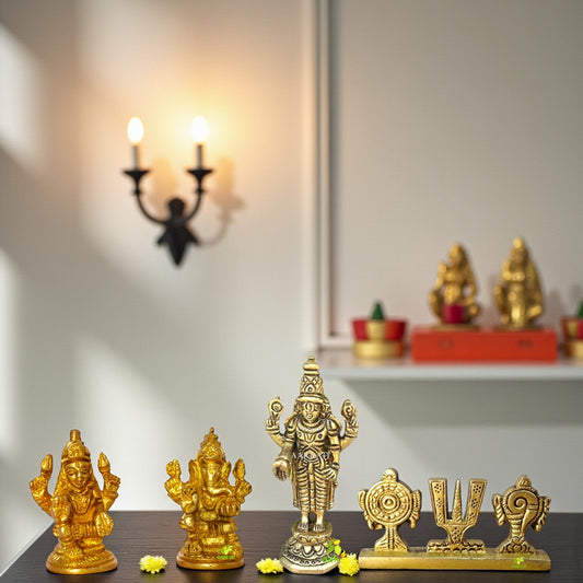Antique Brass Hindu Idol Set – Shankh Chakra Namah, Laxmi Ganesh & Tirupati Balaji | Mandir Decor Showpiece | Puja Gift for Home, Office, Festivals | Gift Hamper Aakrati