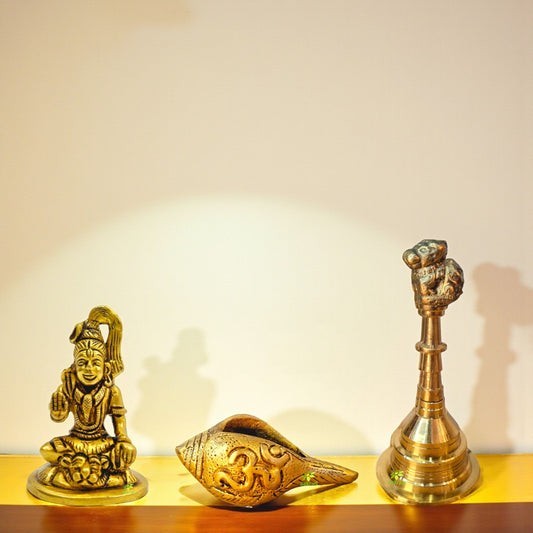 Brass Lord Shiva Idol Set with Shankh and Puja Bell | Traditional Puja Mandir Decor | Religious Showpiece for Home, Temple | Ideal Gift for Festivals | Gift Hamper Aakrati