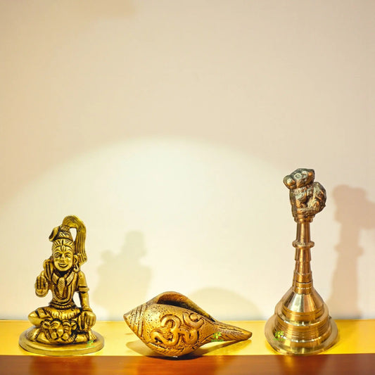 Brass Lord Shiva Idol Set with Shankh and Puja Bell | Traditional Puja Mandir Decor | Religious Showpiece for Home, Temple | Ideal Gift for Festivals | Gift Hamper Aakrati