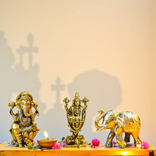 Brass Gift Combo – Ganesh, Balaji & Elephant Idols – Home Décor, Pooja, Diwali Return Gift - Gift Hamper Aakrati