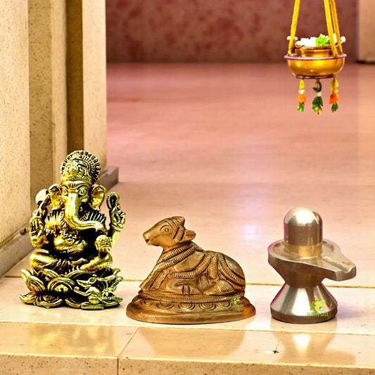 Brass Ganesh, Shivling & Nandi Gift Set – Perfect for Diwali, Housewarming, Pooja Room, and Religious Gifts – Traditional Indian Brass Murti Combo Aakrati