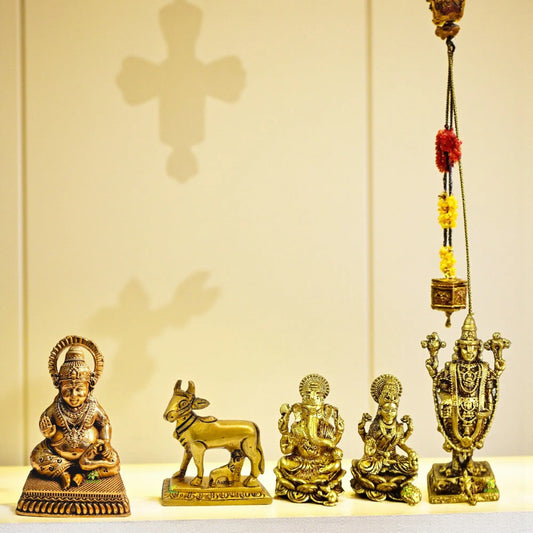 Brass Cow with Calf, Kuber, Laxmi Ganesh & Balaji Idol Gift Set – Hindu Pooja Statues Combo for Diwali, Housewarming, Vastu, Spiritual Blessings (Set of 4) Aakrati