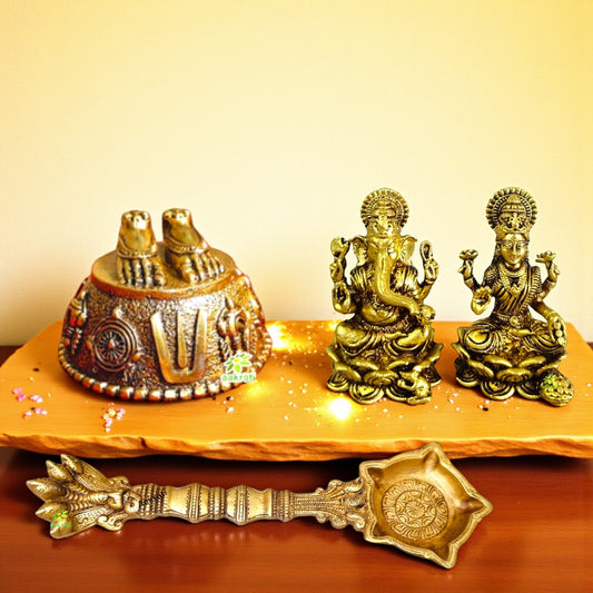 Handcrafted Brass Hawan Spoon, Laxmi Ganesh Statue & Balaji Charan – Traditional Indian Pooja Set for Gifting & Spiritual Décor (Pack of 3)
