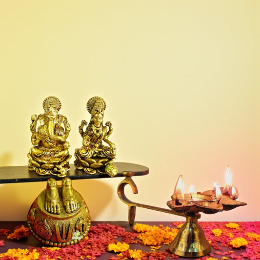 Brass Pooja Set – Laxmi Ganesh Murti, Balaji Charan Footprints & Diya – Traditional Hindu Gift Set for Vastu, Positive Energy & Divine Blessings - GIft Hamper Aakrati