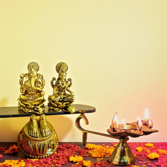 Brass Pooja Set – Laxmi Ganesh Murti, Balaji Charan Footprints & Diya – Traditional Hindu Gift Set for Vastu, Positive Energy & Divine Blessings - GIft Hamper Aakrati