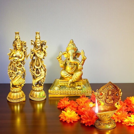 Pure Brass Radha Krishna Statue with Ganesh Idol & Diya | Festive Gift Combo for Diwali, Housewarming & Spiritual Decor | Gift Hamper