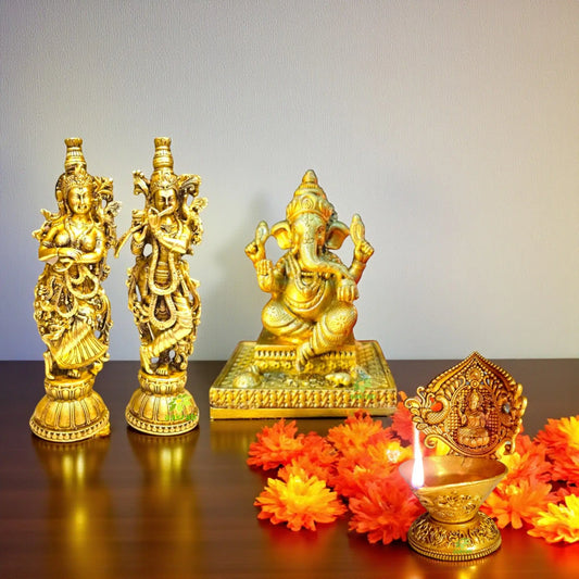 Pure Brass Radha Krishna Statue with Ganesh Idol & Diya | Festive Gift Combo for Diwali, Housewarming & Spiritual Decor | Gift Hamper Aakrati