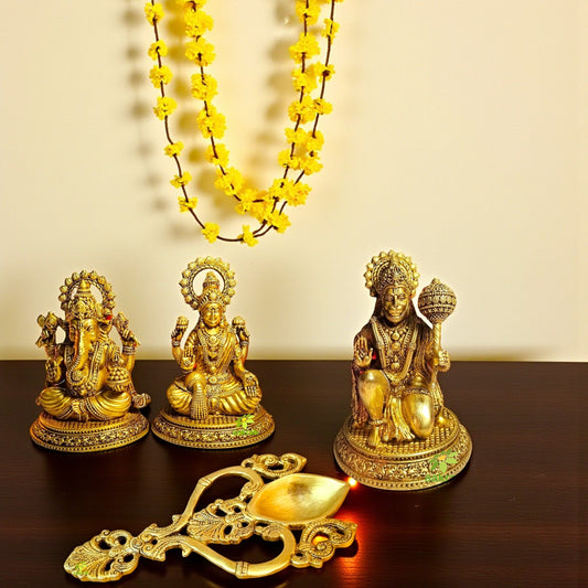 Traditional Brass Combo – Laxmi Ganesh, Hanuman Ji & Hawan Spoon | Pooja Essentials Gift Set for Home Temple | Gift Hamper Aakrati