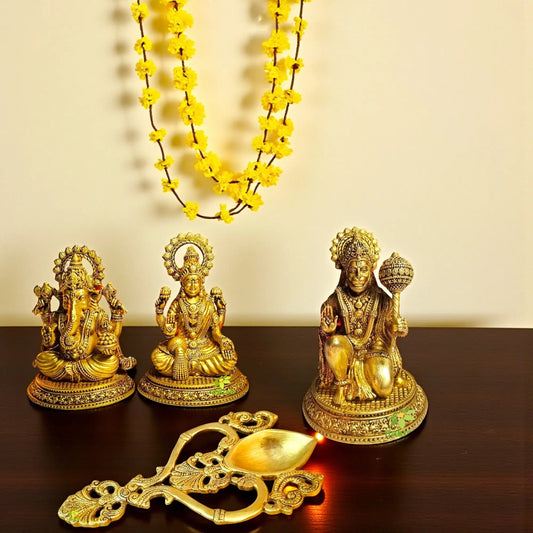 Traditional Brass Combo – Laxmi Ganesh, Hanuman Ji & Hawan Spoon | Pooja Essentials Gift Set for Home Temple | Gift Hamper Aakrati