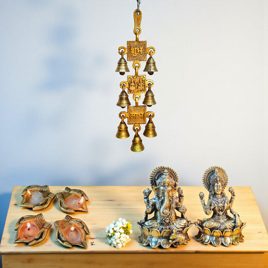 Brass Laxmi Ganesh Idols with Hanging Bell and Diya Set | Handcrafted Pooja Gift Combo for Diwali, Housewarming & Home Temple Decor | Gift Hamper Aakrati