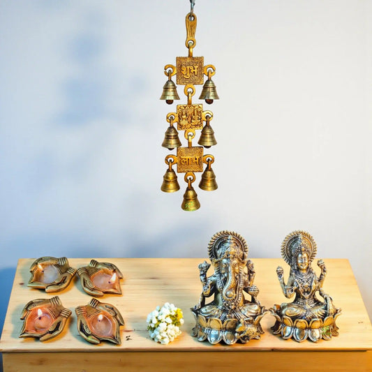 Brass Laxmi Ganesh Idols with Hanging Bell and Diya Set | Handcrafted Pooja Gift Combo for Diwali, Housewarming & Home Temple Decor | Gift Hamper Aakrati