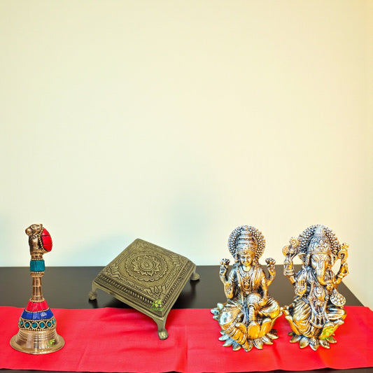 Brass Gift Combo – Laxmi Ganesh Murti on Chowki with Pooja Bell | Ideal for Home Mandir, Festival Rituals & Gifting Aakrati