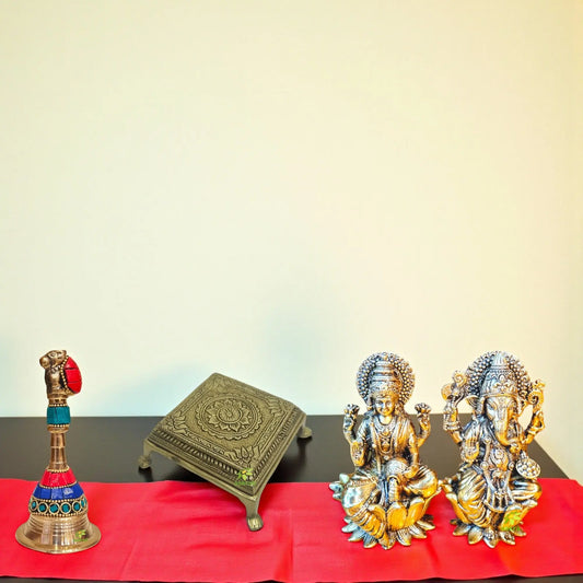 Brass Gift Combo – Laxmi Ganesh Murti on Chowki with Pooja Bell | Ideal for Home Mandir, Festival Rituals & Gifting Aakrati