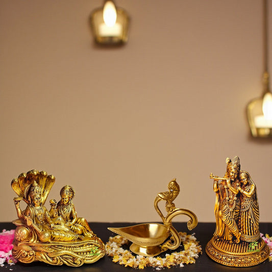 Brass Gift Set – Radha Krishna Murti, Laxmi Narayan Idols & Diya Lamp | Ideal for Home Temple, Festival Rituals & Gifting Aakrati
