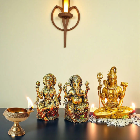 Traditional Brass Combo – Shiva, Laxmi Ganesh Idols with Pooja Diya | Perfect Religious Gift for Diwali & Spiritual Decor | Gift Hamper Aakrati