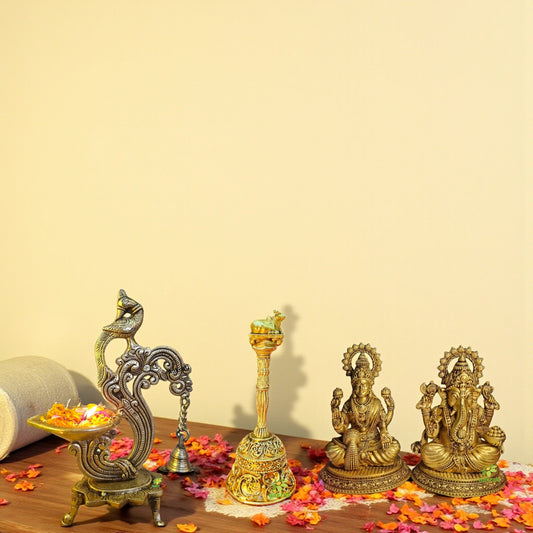 Diwali Pooja Combo – Brass Lakshmi Ganesh Statue, Temple Bell & Diya | Festival Gift Set Aakrati