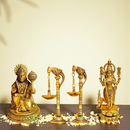 Brass Idol Set – Lord Murugan, Hanuman & Diya Pair | Hindu Religious Gift Combo | Handcrafted Puja Set for Mandir | Ideal for Diwali, Housewarming & Spiritual Decor Aakrati