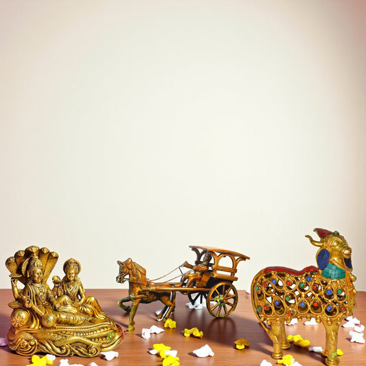 Brass Gift Set – Kamdhenu Cow, Horse Cart & Lakshmi Narayan Idols | Spiritual Puja Combo for Home Temple | Indian Religious Décor | Festival & Housewarming Gift Aakrati