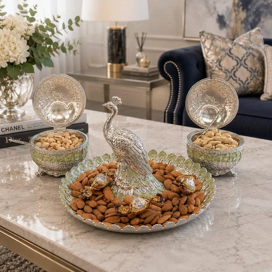 Premium Peacock Serveware Set of 3 | Dry Fruit & Cheese Board, Appetizer Tray with Candy Bowls | Premium Tableware for Home Entertaining & Modern Serving | Wedding, Housewarming & Corporate Gifts | By Aakrati