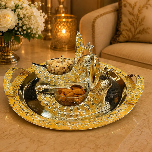 Premium Peacock Serveware Set of 3 | Dry Fruit & Cheese Board, Appetizer Tray with Candy Bowls | Premium Tableware for Home Entertaining & Modern Serving | Wedding, Housewarming & Corporate Gifts | By Aakrati