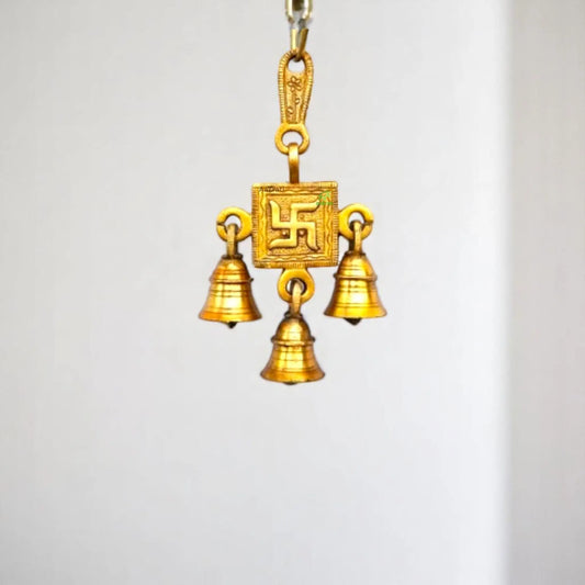 Brass Swastik Wall Hanging Wind Chime with Bells | Decorative Home Gift | Religious swastik brass hanging bell with 3 little bells ( Yellow, 6.8 inch) Aakrati