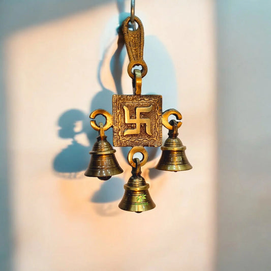 Brass Swastik Wind Chime | Perfect for Diwali and Religious Home Decoration | Handcrafted Brass Swastik Wall Hanging Bell ( Yellow, 4.5 inch) Aakrati
