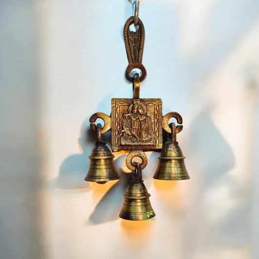 Brass Radha Krishna Wall Hanging | Spiritual Elegance for Your Home | Radha Krishna Engraved Brass Wind Chime ( Yellow, 6 inch)