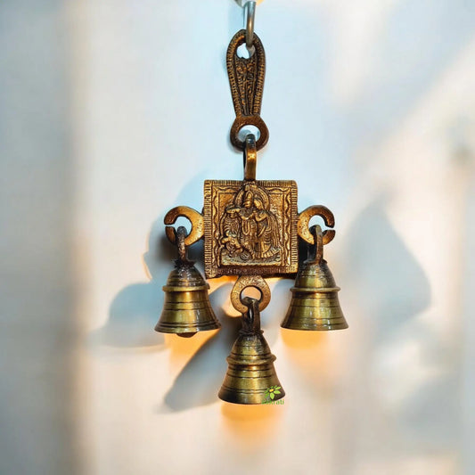 Brass Radha Krishna Wall Hanging | Spiritual Elegance for Your Home | Radha Krishna Engraved Brass Wind Chime ( Yellow, 6 inch) Aakrati
