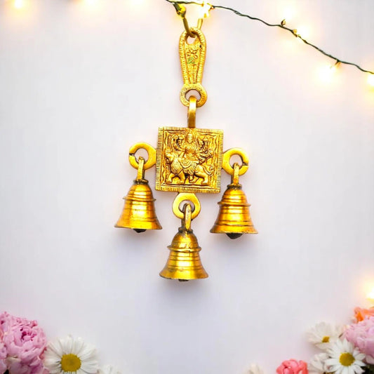 Brass Durga Engraved Wind Chime | Sacred Wall Hanging for Divine Blessings & Protection | Brass Wall Hanging Item ( Yellow, 6.8 inch) Aakrati