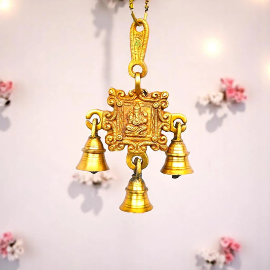 Handmade Designer Brass Wind Chime | Spiritual Wall Hanging for Blessings | Brass Ganesha Wall Hanging ( Yellow, 7 inch) Aakrati